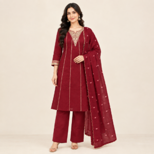 Maroon Embroidered Kurta Set with Straight Pant & Chunari